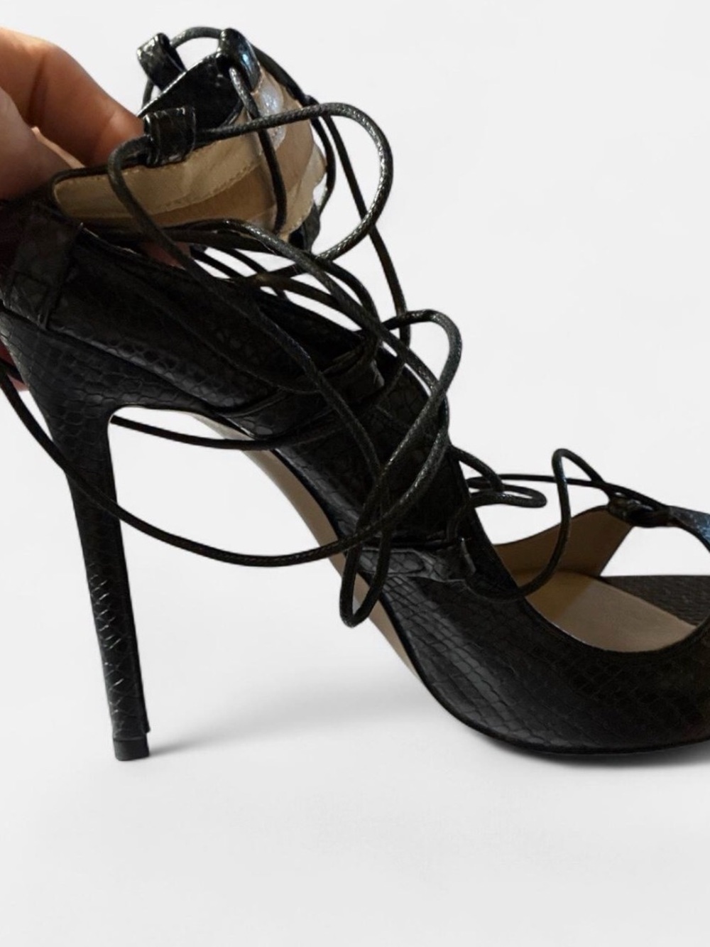 Women's Black Lace-Up Snake-Texture Stiletto Heels